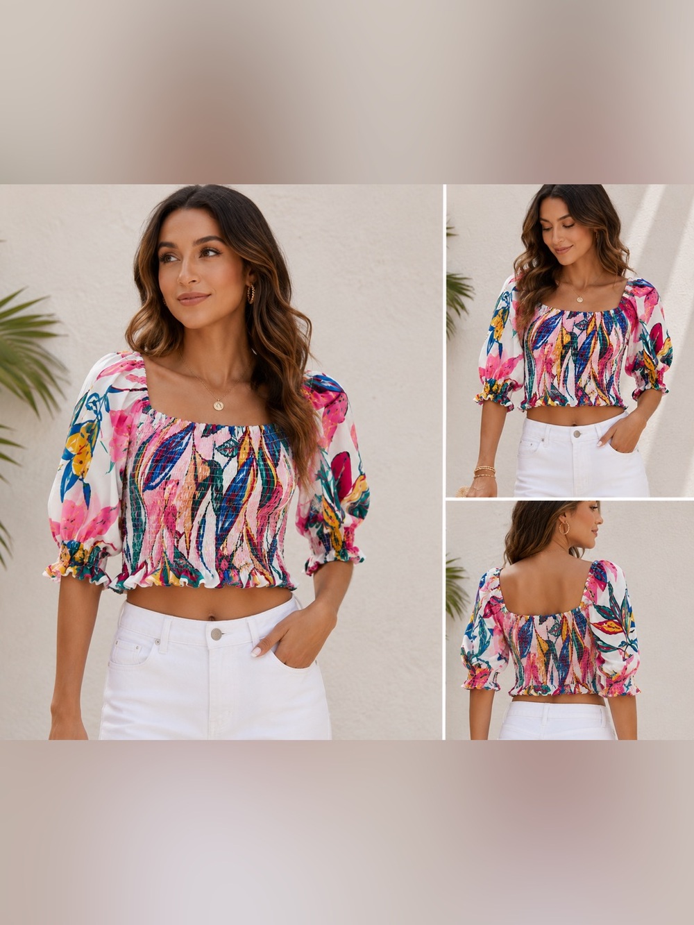 Bar III Tropical Smocked Crop Top Puff Sleeve Multicolor Boho Blouse Large